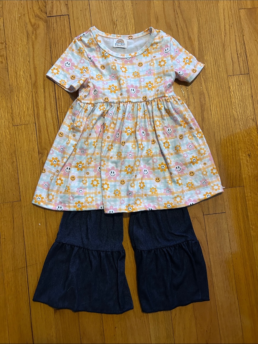 Smiley Flower Print Girls Tunic Dress with Navy Ruffle Pants Sz. 4T